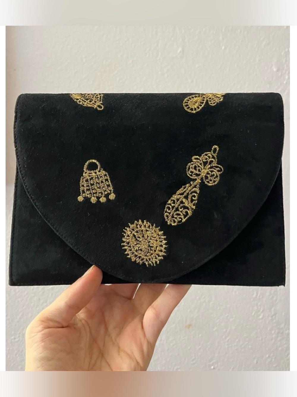 SERGIO ROSSI VTG Black Suede Gold Embroidered Jewelry Motif Envelope Clutch Bag